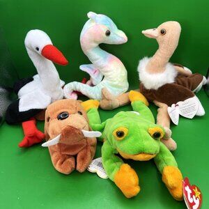 Ty Beanie Baby Lot 5 Piece Bundle Frog Seahorse Ostrich Stork Walrus Collection